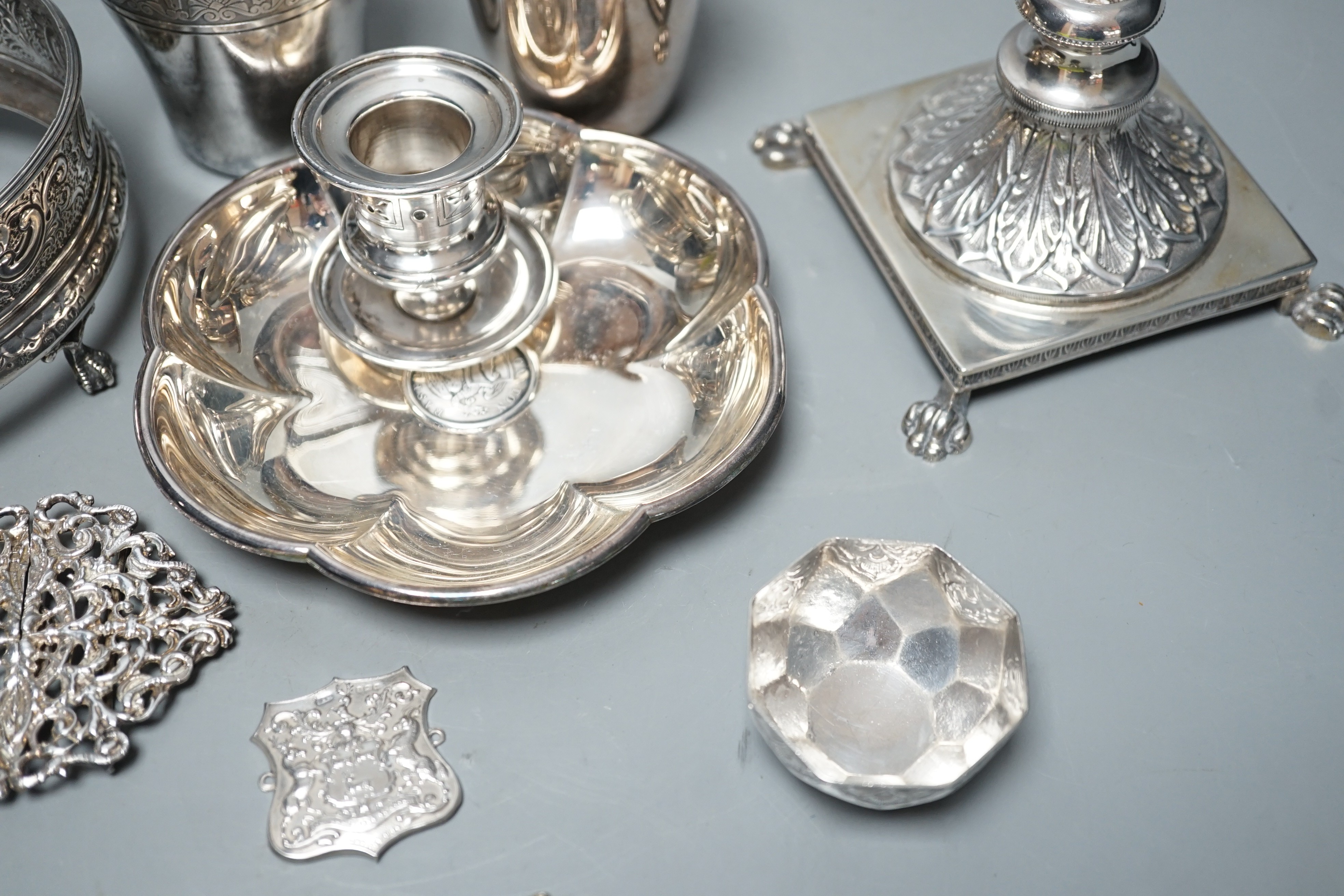 Sundry small silver including Georgian stand base, John Emes, London, 1806, length 14.1cm, pair of later salts and a small plaque, together with other continental white metal items including a German beaker, nurses buckl
